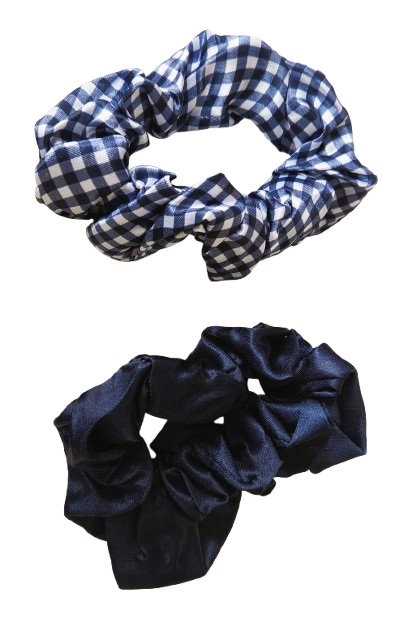 Scrunchies Pair Plain Gingham 8cm Recycled Elastic School Hair
