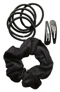 Black Hair Accessories Set Scrunchie Elastics Sleepies Clips School 8 Piece
