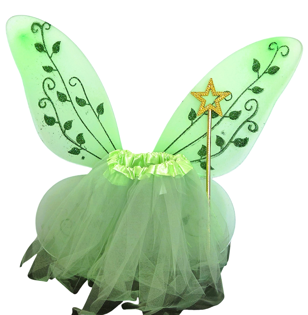 Green Fairy Costume Set Tutu Skirt Glitter Wings Gold Wand Kids Fancy Dress