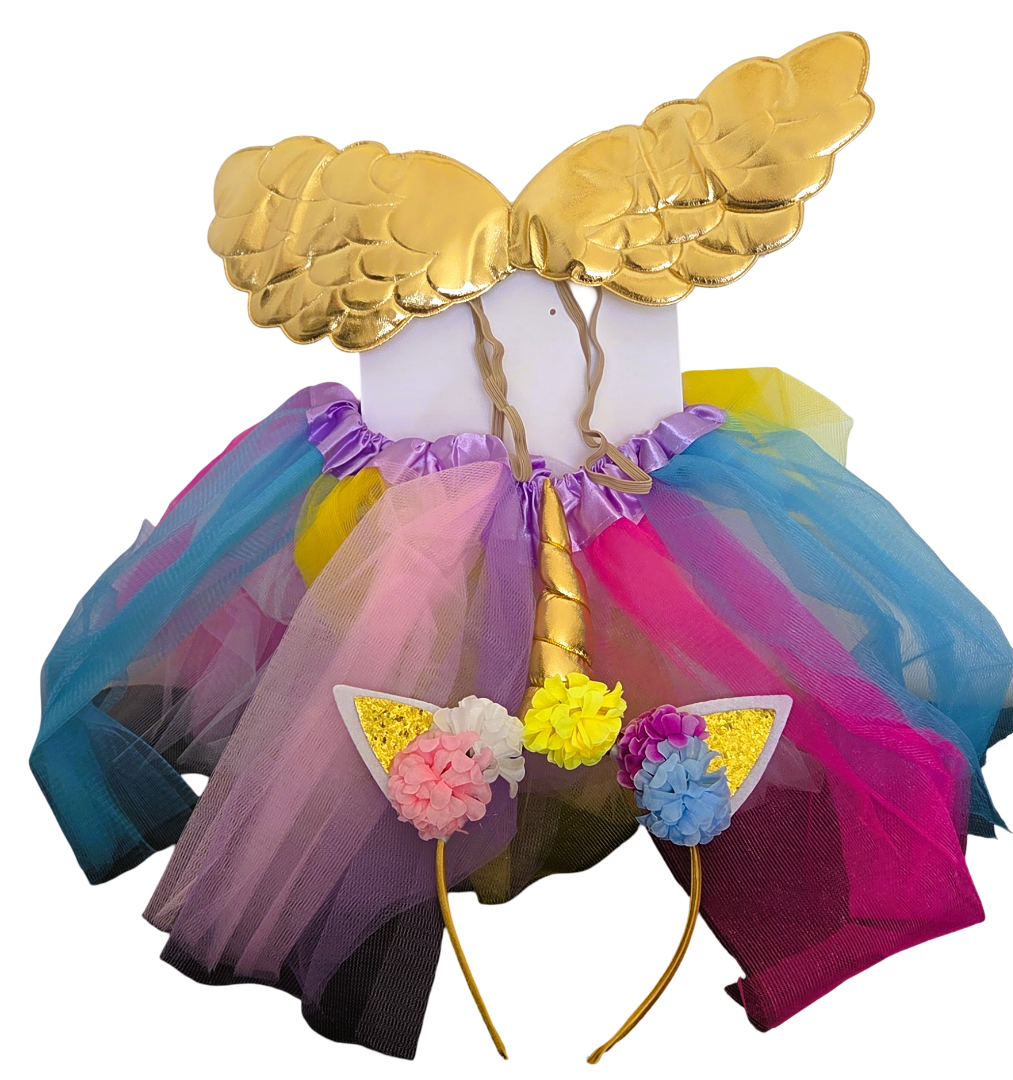 Girls Unicorn Fancy Dress Rainbow Tutu Gold Wings Horn Headband Costume Set